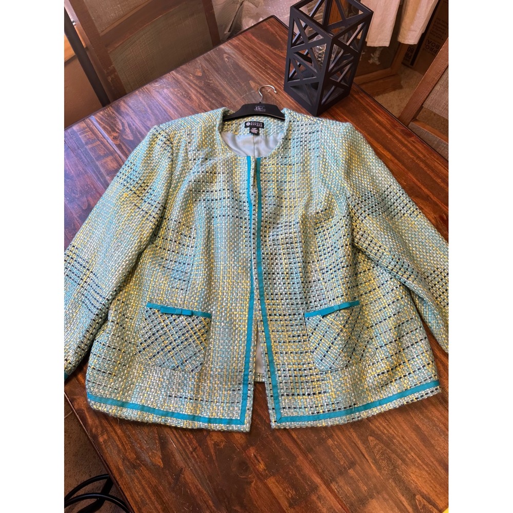 Maggie Barnes Petite‎ 22WP Tweed Open Front Jacket Turquoise Yellow Mermaidcote - Picture 8 of 12